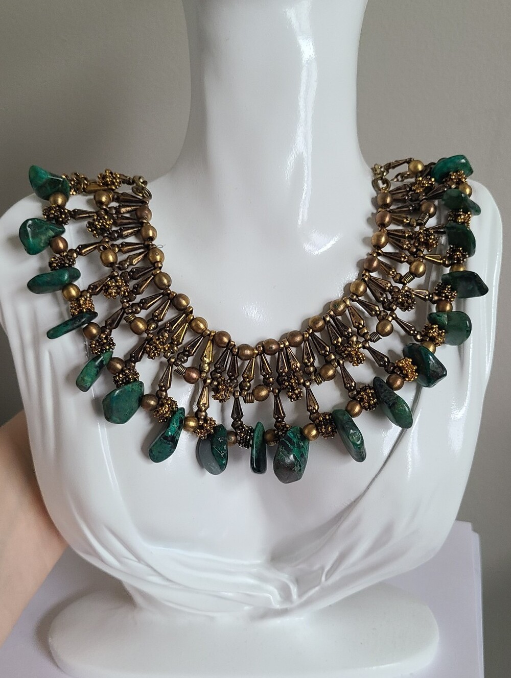 Vintage Boho Tribal Ethnic Beaded Bronze Malachite Gemstone Bib Collar Necklace